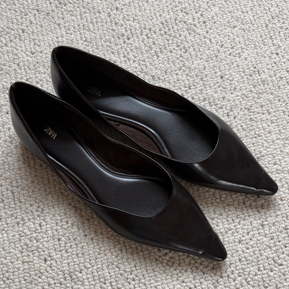 Zara Women's Chocolate Brown Pointed Leather Flats size 11